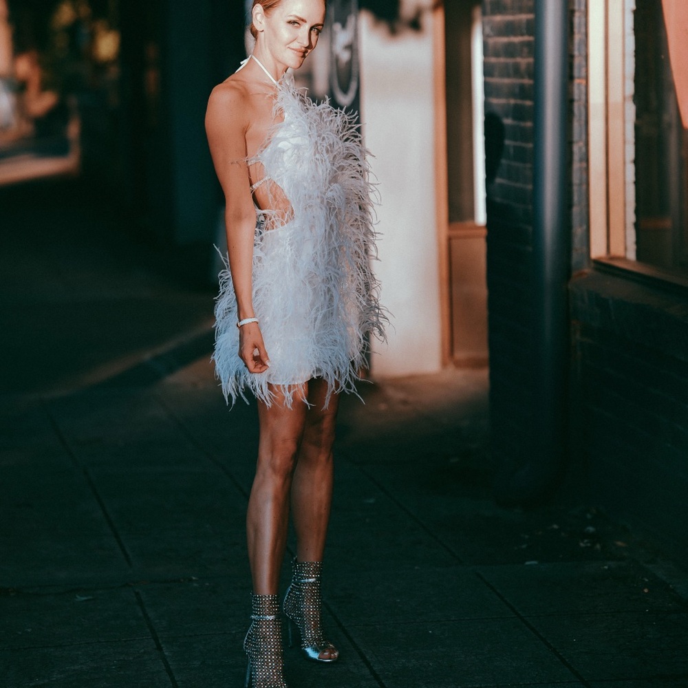 cult gaia White Feathered Backless Dress